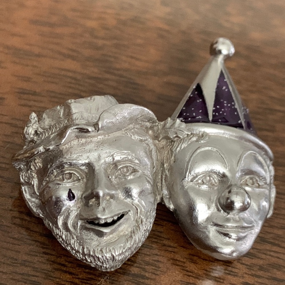 Double Face Two Head Hobo Man Clown Jester Mime Pin Silver Tone 2 Faced Brooch